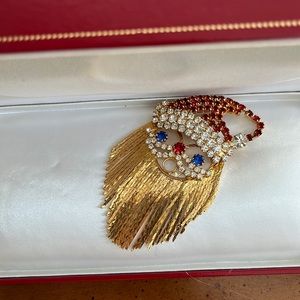 Patriotic Gold Santa Brooch. Red, White & Blue Stones